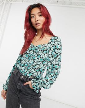product & Other Stories eco square neck puff sleeve blouse in green floral image