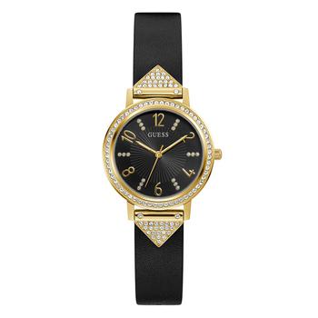 GUESS | Women's Quartz Gold-Tone Glitz Black Leather Strap Watch 32mm商品图片,