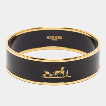 美国爱马仕手镯, [二手商品] Hermes | Hermes Caleche Black Enamel Gold Plated Wide Bangle Bracelet商品图片 7.2折