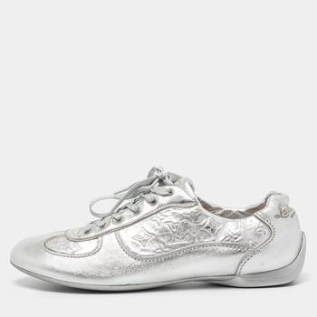 lv低帮鞋, [二手商品] Louis Vuitton | Louis Vuitton Metallic Silver Monogram Leather Trainers Lace Up Low Top Sneakers Size 38商品图片 5.3折