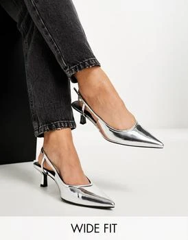 ASOS | ASOS DESIGN Wide Fit Strut slingback mid heeled shoes in silver 独家减免邮费
