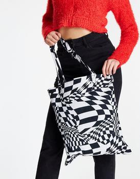 ASOS | ASOS DESIGN cotton shopper bag in warped mono checkerboard商品图片,5.5折×额外9.5折, 额外九五折