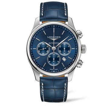 更多longines master, Longines | Men's Swiss Automatic Chronograph Master Colleciton Blue Alligator Leather Strap Watch 44mm商品图片 