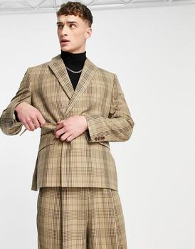 推荐ASOS DESIGN slim crop suit jacket with belt in beige check商品