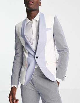 推荐Twisted Tailor triptych skinny suit jacket in white and blue stripe panels商品