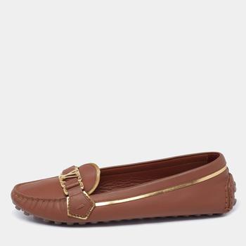 lv鞋真假, [二手商品] Louis Vuitton | Louis Vuitton Brown Leather Metal Logo Slip On Loafers Size 38商品图片 9折, 满1件减$100, 满减