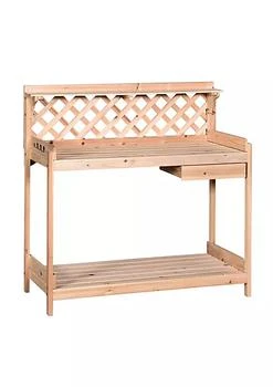 Outsunny | Outdoor Garden Potting Bench Wooden Workstation Table w/ Drawer Hooks Open Shelf Lower Storage and Lattice Back for Patio Backyard and Porch,商家Belk,价格¥971