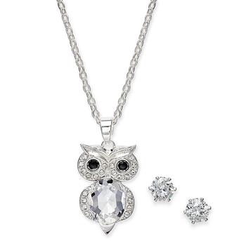 Charter Club | Fine Silver Plate 2-Pc. Set Crystal Owl Pendant Necklace & Solitaire Stud Earrings, Created for Macy's商品图片,3折