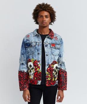 商品Reason Clothing | Skull Rose Acid Wash Denim Jacket With Print,商家Reason Clothing,价格¥113图片