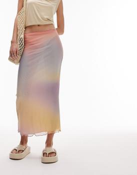 商品Topshop Petite mesh pastel blurred printed picot trim midi skirt in multi图片