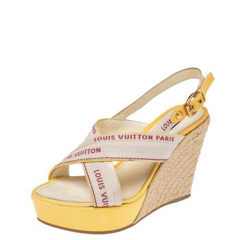 lv帆布鞋, [二手商品] Louis Vuitton | Louis Vuitton Beige/Yellow Canvas Cross Strap Espadrilles Wedge Sandals Size 39商品图片 3.7折