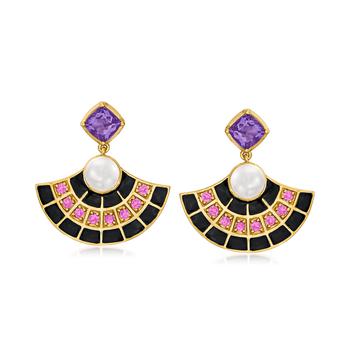 Ross-Simons | Ross-Simons 6.5-7mm Cultured Pearl and Amethyst Fan Drop Earrings With . Rhodolite Garnet and Black Enamel in 18kt Gold Over Sterling商品图片,6.5折