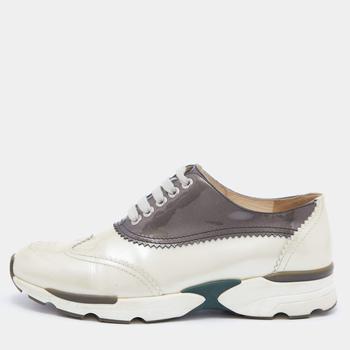 商品Chanel Cream/Grey Patent Leather CC Oxford Sneakers Size 37.5图片