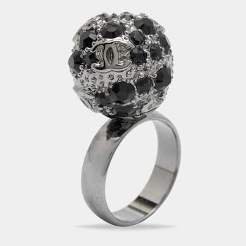 Chanel | Chanel Gunmetal Tone Black Crystal CC Sphere Ring Size EU 52.5商品图片,