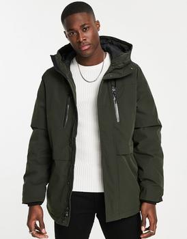 推荐Abercrombie & Fitch cloud long length hooded parka jacket in olive green商品