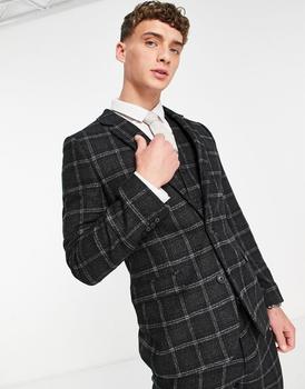 推荐ASOS DESIGN super skinny wool mix suit jacket in black and charcoal windowpane check商品