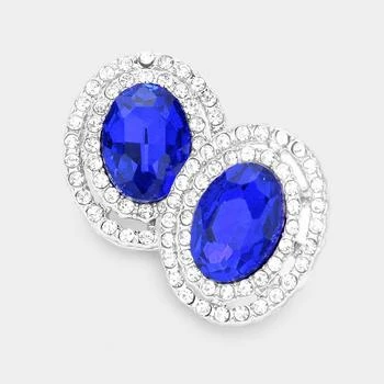 FASHNZFAB | Rhinestone Trim Oval Stone Stud Evening Earrings - Sapphire,商家Premium Outlets,价格¥147