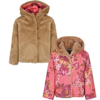 推荐Reversible floral print faux fur jacket in light brown and pink商品