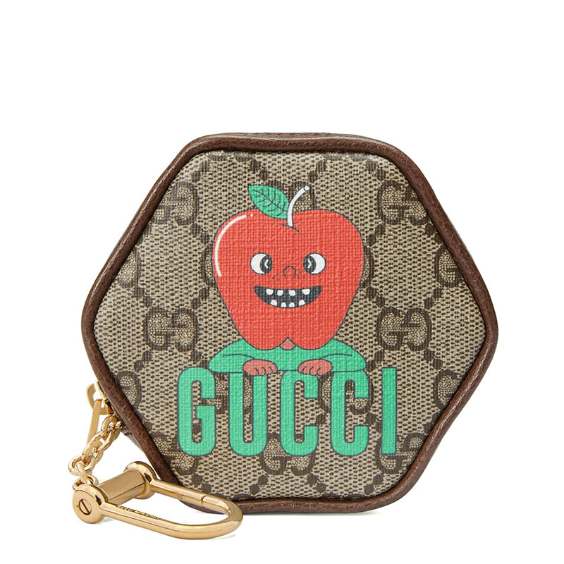 美国古驰, Gucci | GUCCI/古驰 22新款 男女同款乌木色/米色帆布配皮红苹果大头小人印花金钥匙扣拉链开合几何六边形钱包零钱包钥匙包700737U2YAG8679商品图片 额外9.5折, 包邮包税, 额外九五折