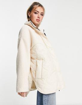 推荐Monki fleece jacket with diamond quilting in beige商品