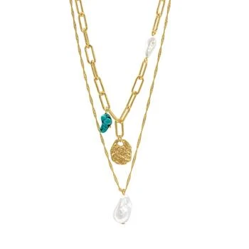 ADORNIA | 14k Gold Plated Pearl and Turquoise Stone Pendants Layered Necklace,商家Premium Outlets,价格¥447