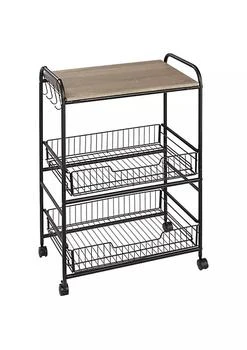HOMCOM | 24" 3 Tier Rolling Kitchen Cart Utility Storage Trolley with 2 Basket Drawers Side Hooks for Dining Room and Kitchen Oak Wood Tone,商家Belk,价格¥517
