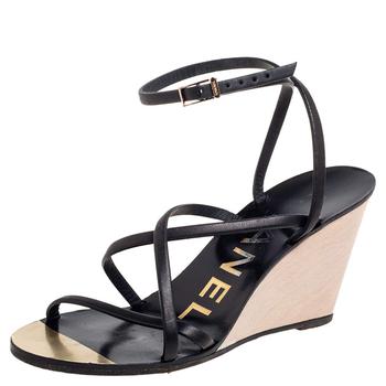 美国香奈儿鞋, [二手商品] Chanel | Chanel Black Leather Strappy Ankle Wedge Sandals Size 36商品图片 9折, 满1件减$100, 满减