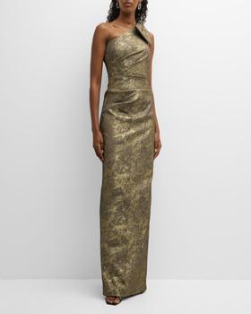 商品Teri Jon | Pleated One-Shoulder Metallic Jacquard Gown,商家Neiman Marcus,价格¥7939图片