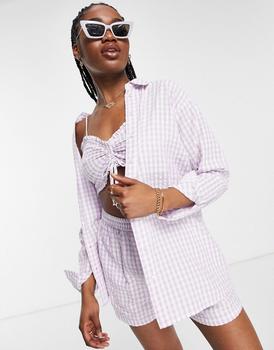 推荐Miss Selfridge oversized gingham shirt co-ord in lilac商品