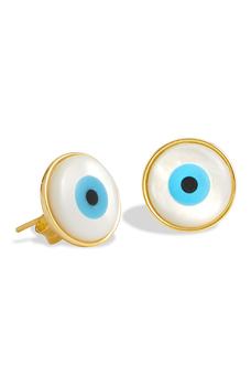 Savvy Cie Jewels | 18K Gold Vermeil Mother of Pearl Evil Eye Stud Earrings商品图片,2.5折
