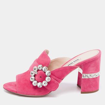 Miu Miu | Miu Miu Pink Suede Crystals Embellished Slide Sandals Size 37商品图片,