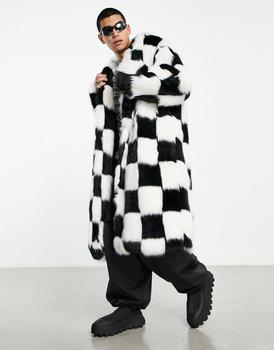 推荐ASOS DESIGN longline faux fur coat in check商品