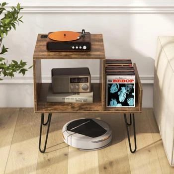 Hivvago | Mid-century Record Player Stand with Power Outlet and Vinyl Divider-Rustic Brown,商家Premium Outlets,价格¥593