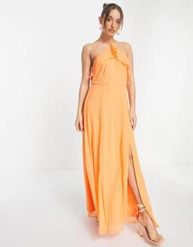推荐Vero Moda halter neck maxi dress with ruffle detail and split front in orange商品