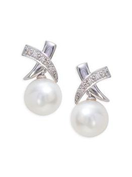 BELPEARL | 14K White Gold, 8.5MM Freshwater Pearl & Diamond Earrings商品图片,5折
