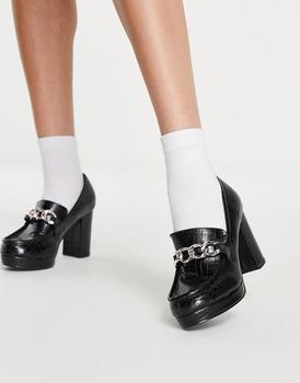 推荐London Rebel chunky platform loafers with gold trim in black croc商品