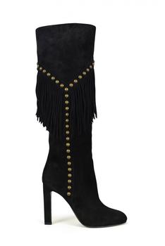 圣罗兰鞋女鞋, Yves Saint Laurent | Luxury Shoes For Women   Saint Laurent Grace Black Suede Boots With Fringe And Studs商品图片 9折