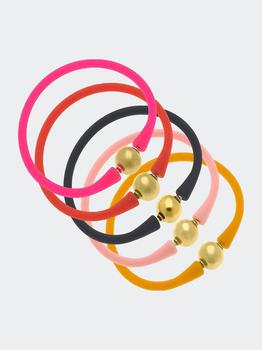 商品Bali 24K Gold Silicone Bracelet Stack Of 5 In Neon Pink, Orange, Black, Light Pink & Cantaloupe图片