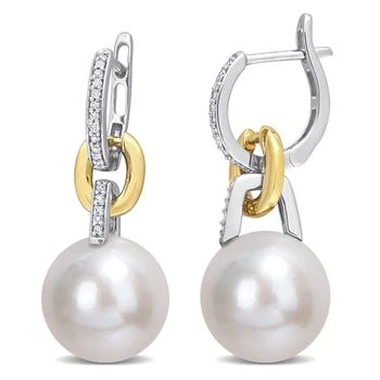 Mimi & Max | 11-12 MM Freshwater Cultured Pearl & 1/10 CT TW Diamond Huggie Earrings in 2-Tone 14k Yellow and White Gold 3.5折, 独家减免邮费