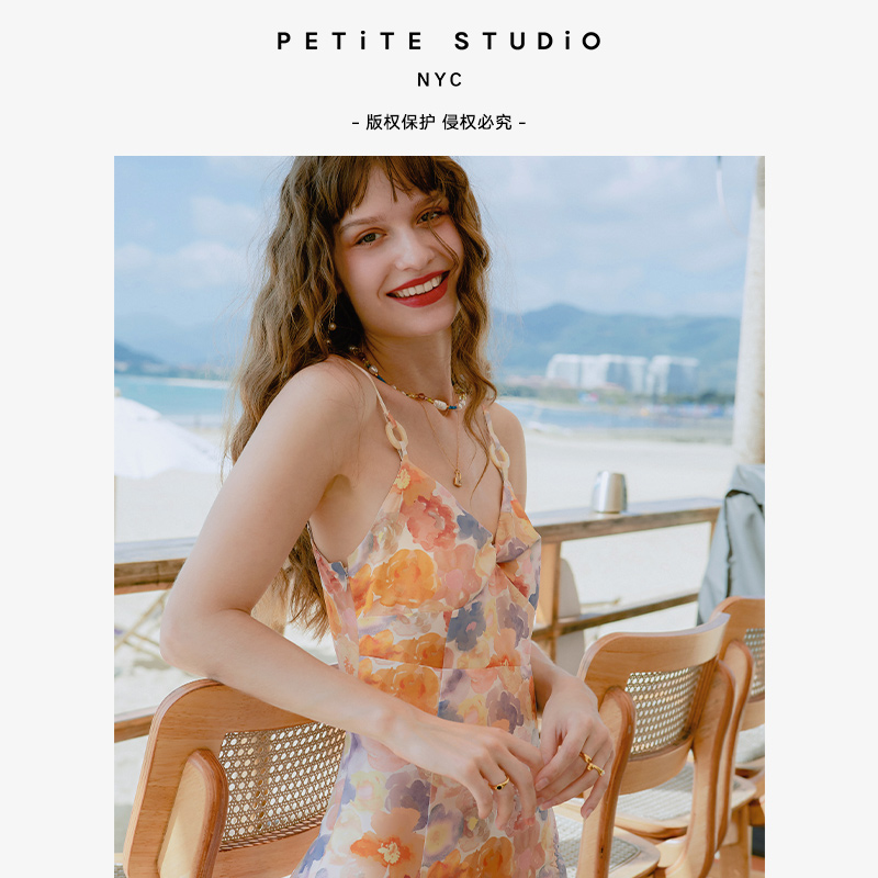 Petite Studio NYC | Neesha抽象油画 月季印花侧开衩法式吊带连衣裙 | Neesha Dress - Watercolor商品图片,包邮包税