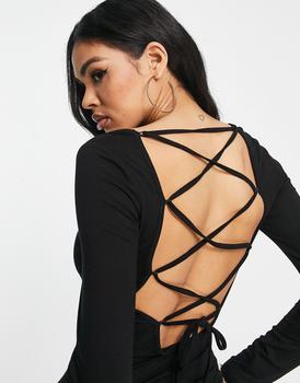 商品ASYOU strap back square neck bodysuit in black图片