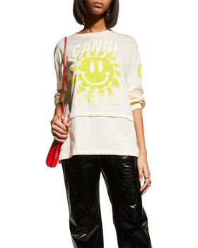 Ganni | Love Club Cotton Jersey Long-Sleeve T-Shirt商品图片,5.2折