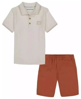 Calvin Klein | Little Boys Herringbone Short Sleeve Polo Shirt and Twill Shorts, 2 Piece Set,商家Macy's,价格¥166