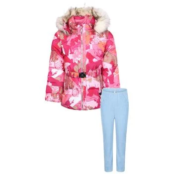 推荐Pink and white floral snow hooded jacket and fleece light blue pants set商品