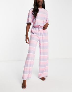 推荐ASOS DESIGN mixed stripe tee & wide leg trouser pyjama set in pink & purple商品