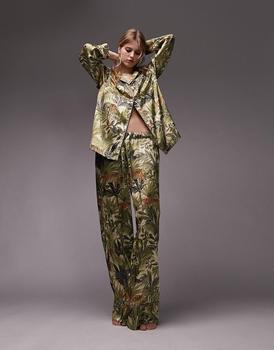 Topshop | Topshop tiger palm print piped satin shirt and trouser pyjama set in green商品图片,