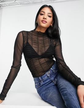 Topshop | Topshop textured mesh long sleeve ruched funnel neck top in black商品图片,