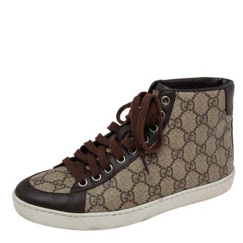 古驰高帮鞋, [二手商品] Gucci | Gucci Brown/Beige GG Supreme Canvas and Leather Trim High-Top Sneakers Size 36商品图片 8.4折, 满1件减$100, 满减