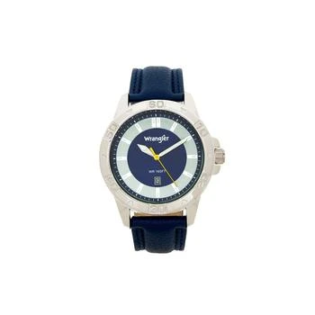 Wrangler | Men's Watch, 46MM Silver Colored Case with Embossed Arabic Numerals on Bezel, Blue Sunray Dial, Silver Index Markers, Analog, Blue Strap 