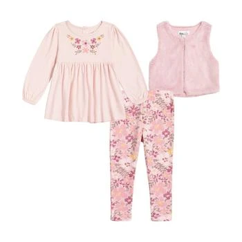 KIDS HEADQUARTERS | Little Girls Floral Peasant T-shirt, Faux Fur Vest and Big Floral Leggings, 3 Piece Set 4折